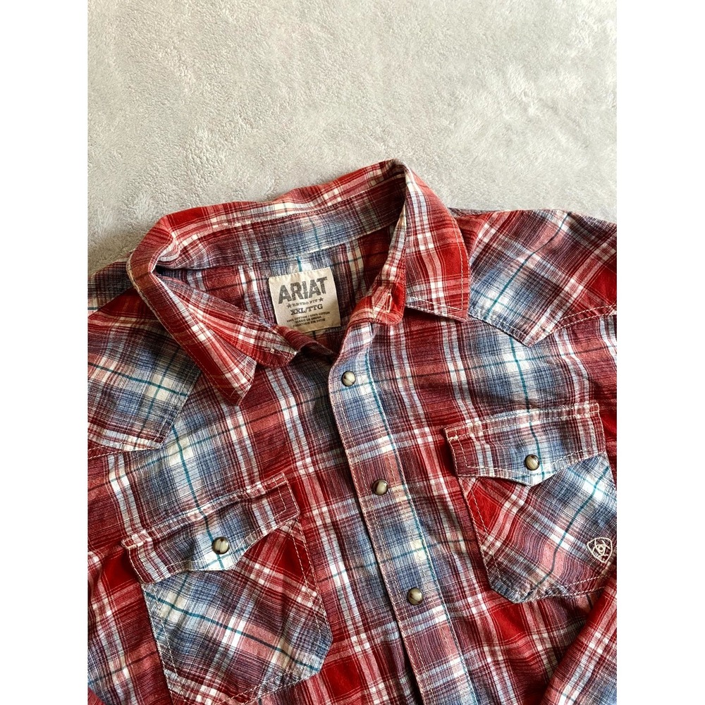 Ariat Western Shirt Mens 2XL Red Plaid‎ Cotton Retro Fit Long Sleeve Pearl Snap